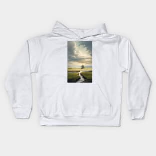 Tree by the creek of in green meadows and clouds about to rain ! Kids Hoodie